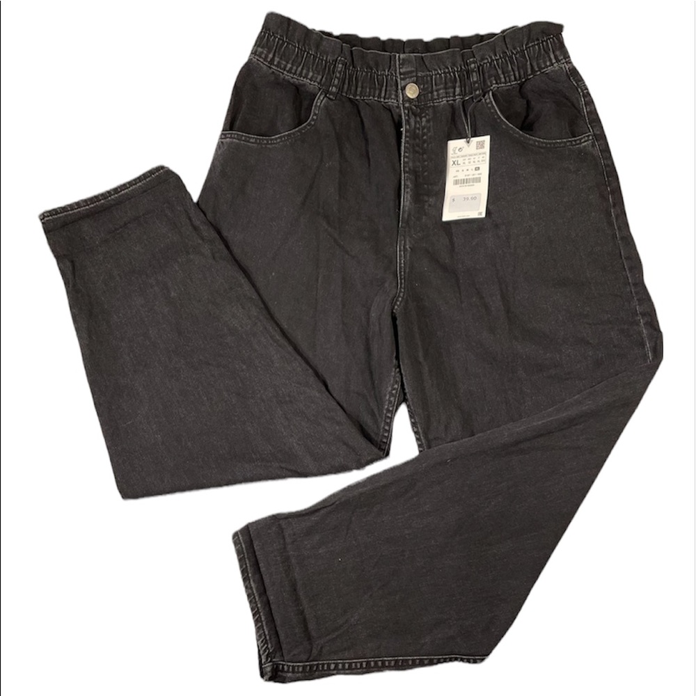 NWT Zara Black Elastic Paper Bag Waist Ultra High Rise 100% Cotton Jeans Size XL - Picture 4 of 16